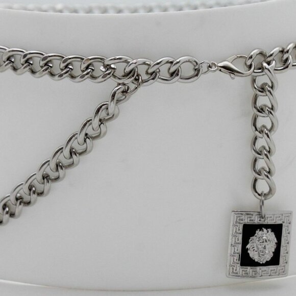 Women High Waist Hip Silver Metal Chain Links Wave Belt Lion Charm Size XS S M - Picture 16 of 17